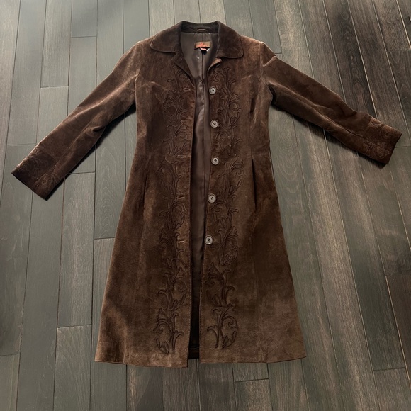 Brown Suede Long Coat with Embroidered Detail - Picture 2 of 4